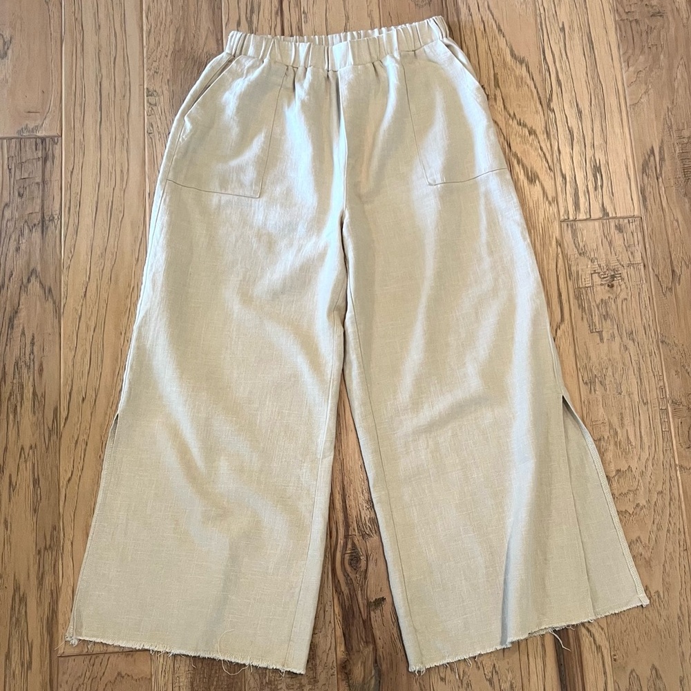 By Together Wide Leg Flax Beige Pants w/ 13 inch Slits at Bottom, size L